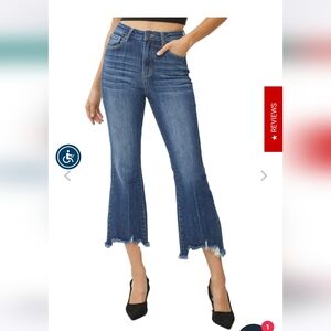 Risen High Waist Frayed Hem Ankle Jean Flare Jeans